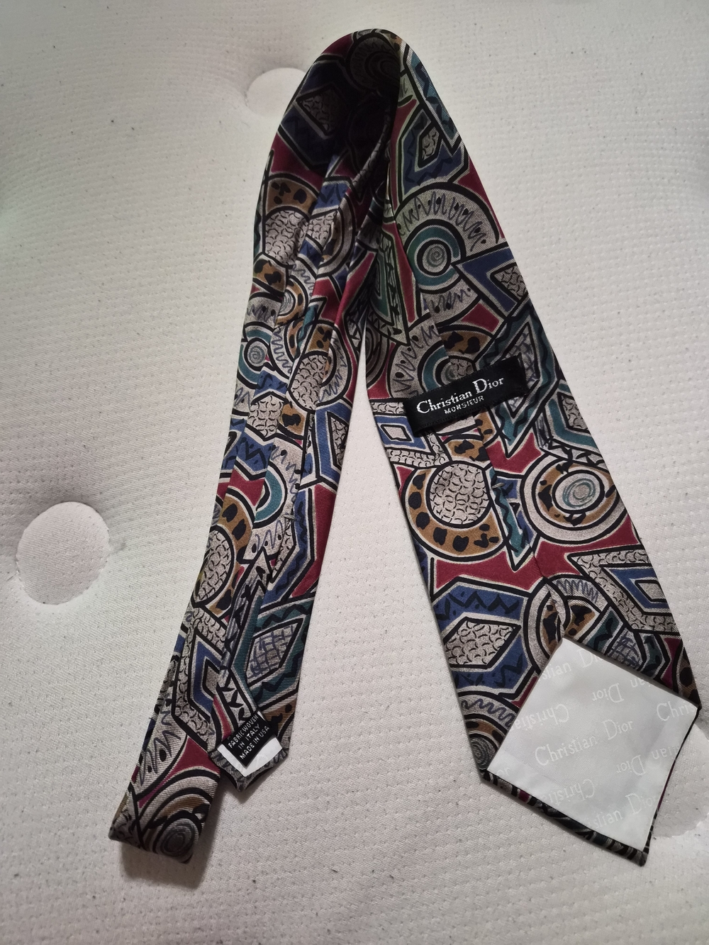 Dior Geometric Multicolor Silk Tie — Red, Blue, Green, Gold, Black